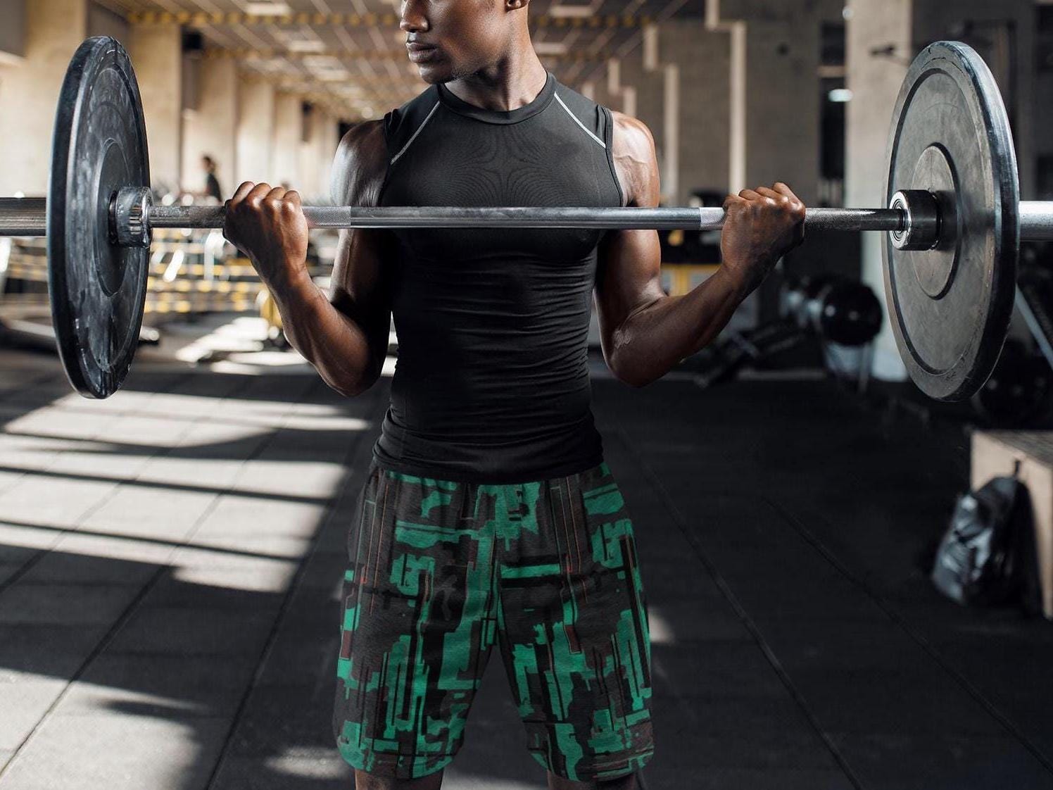 Men’s Long Athletic Workout Shorts Green Black Digital