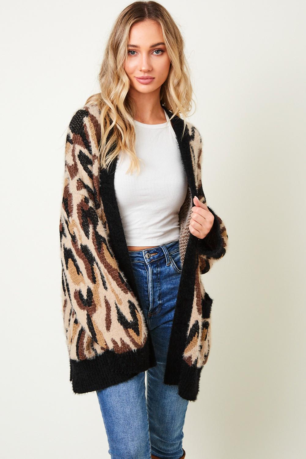 Leopard Print Cardigan: Fuzzy Long Sleeve Animal Sweater