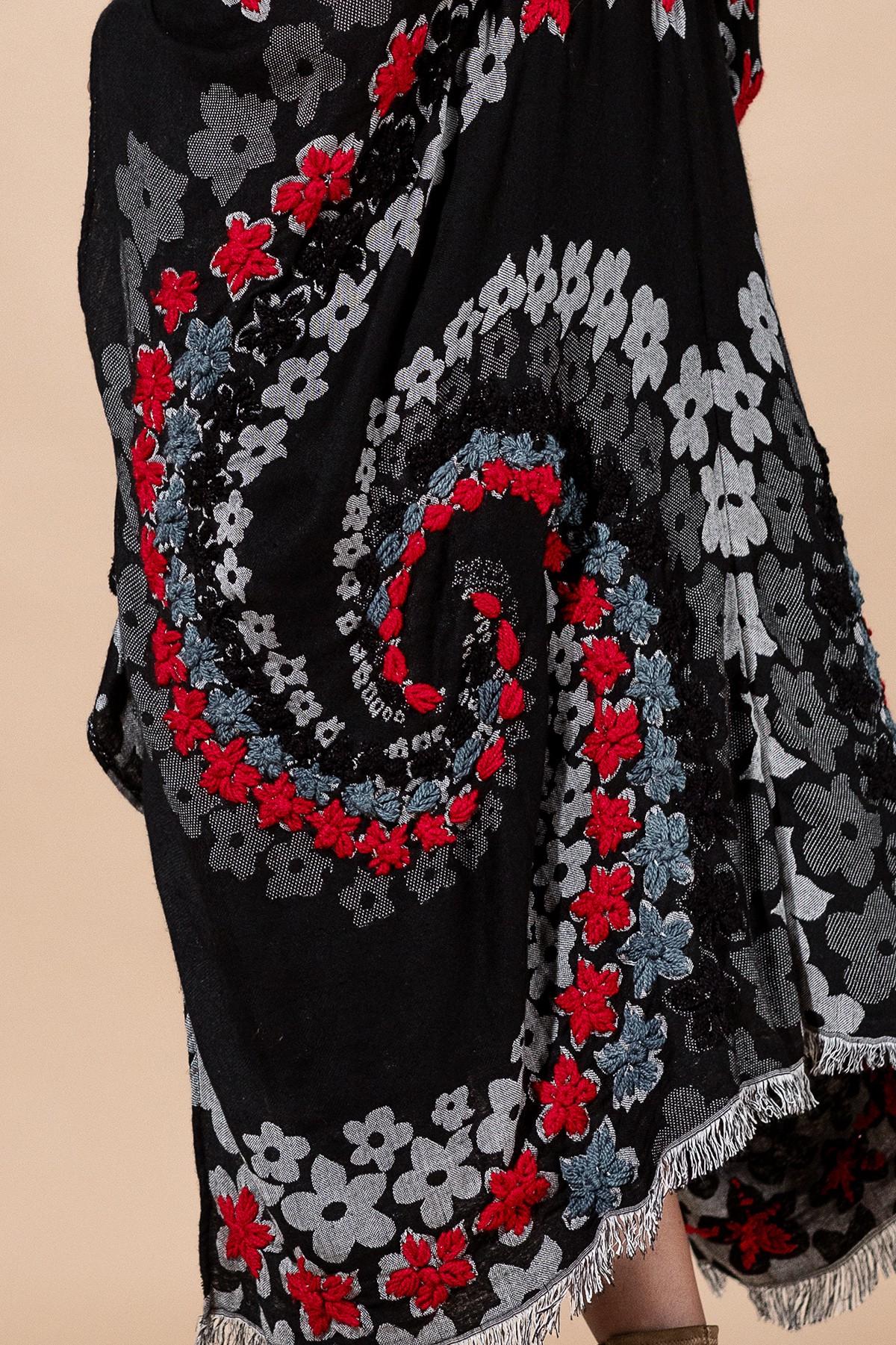 Black Floral Ruana Made In India: Women's Embroidered