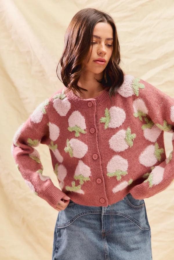 Mauve Strawberry Cardigan: Buttonup Soft Knit Sweater